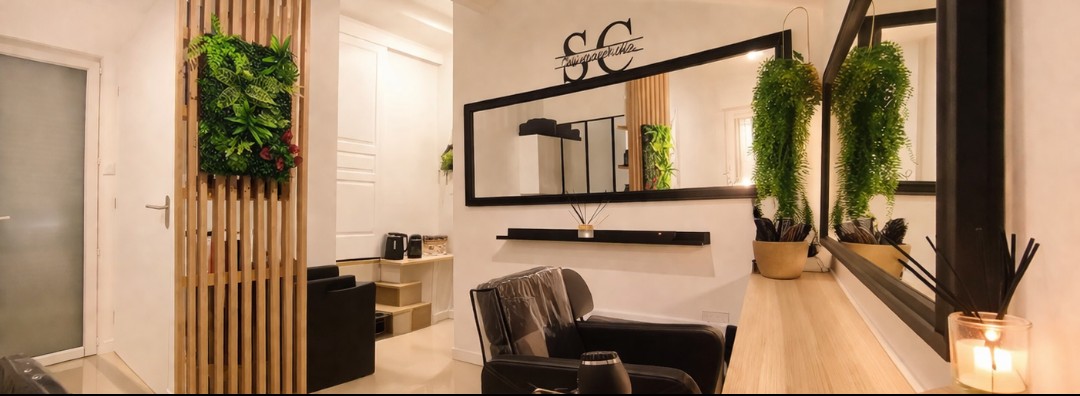 Intérieur du salon de coiffure privatisé, miroir, plantes vertes et lumière chaleureuse